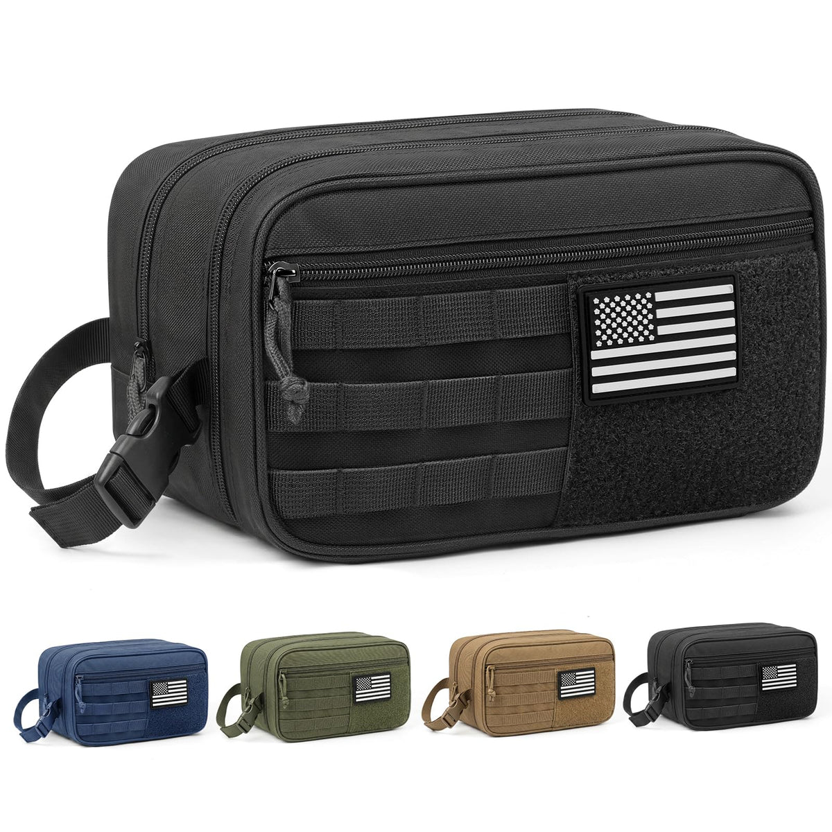 HOTOR front view of black toiletry bag showing pockets and zippers for organized storage