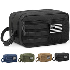 HOTOR front view of black toiletry bag showing pockets and zippers for organized storage