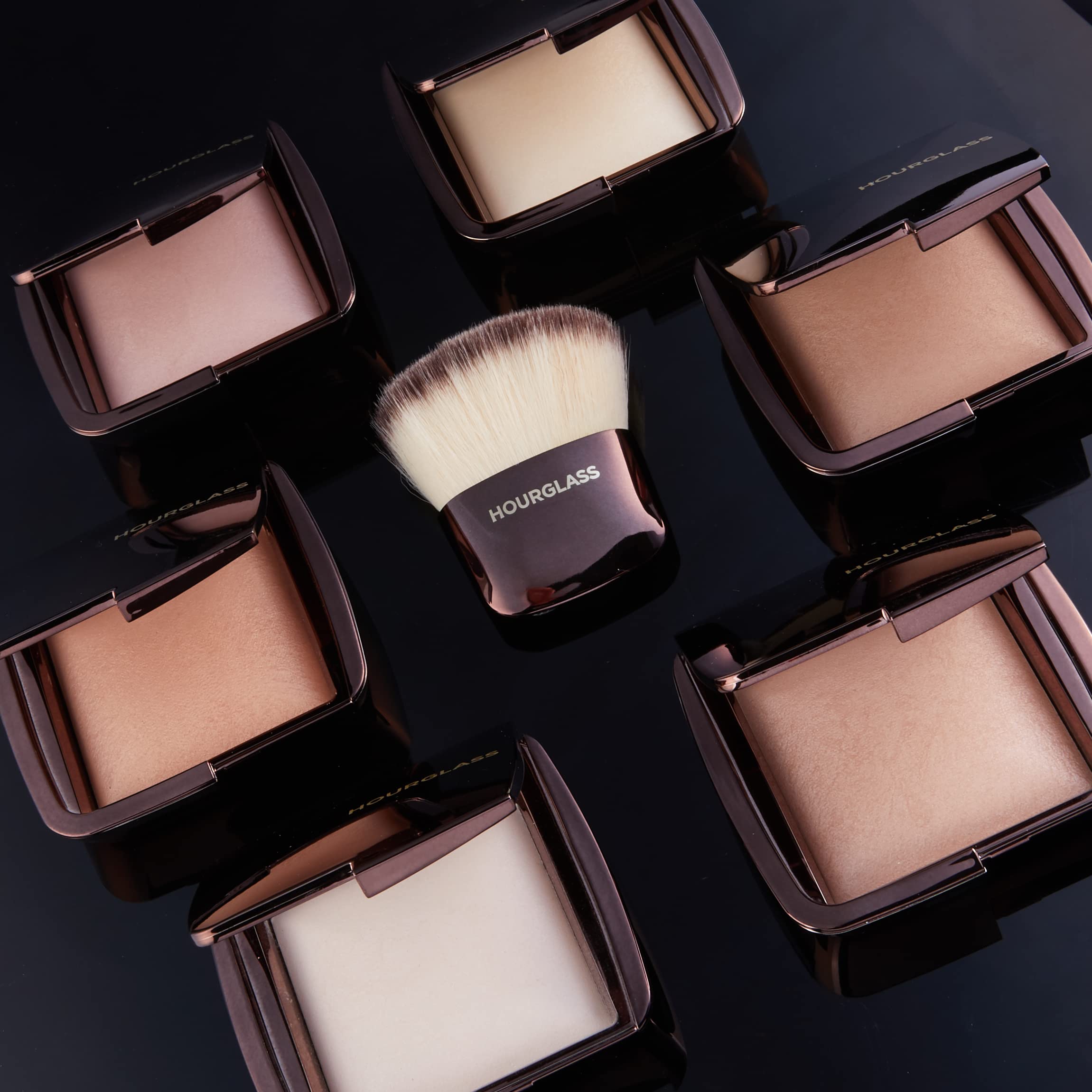 Hourglass Dim Light powder close-up texture shot highlighting soft photoluminescent finish for diffused glow