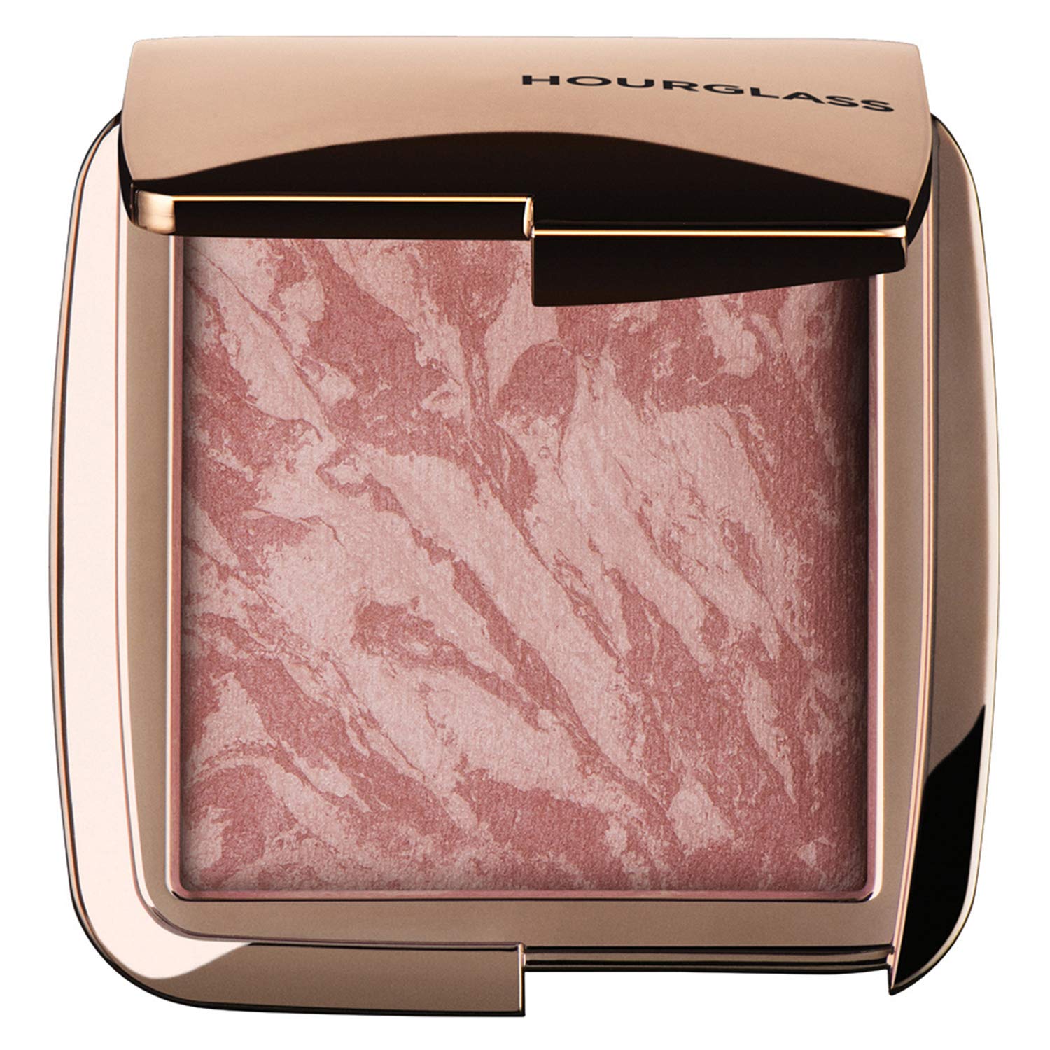Hourglass compact front packaging showing sleek case and protective closure benefits portability