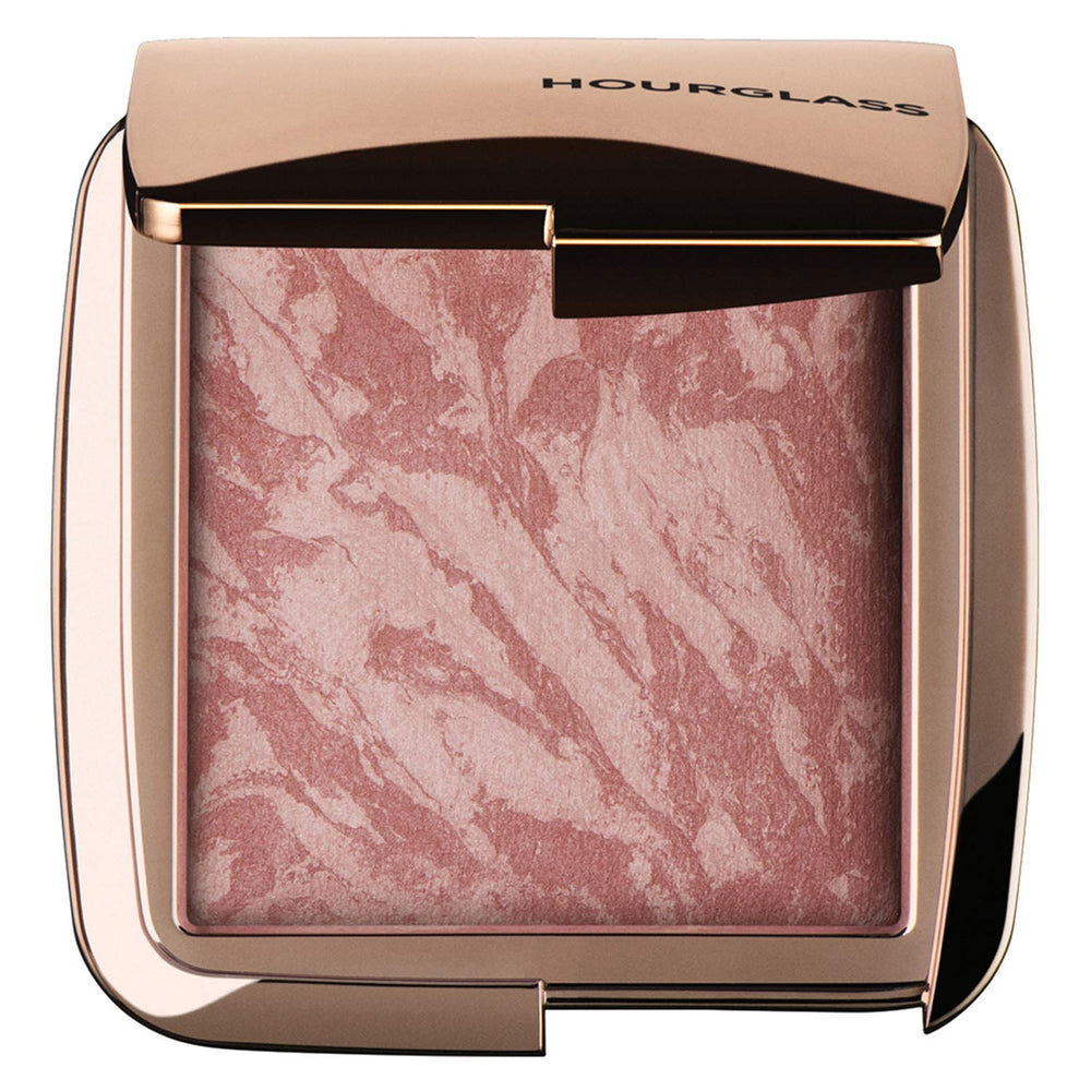 Hourglass compact front packaging showing sleek case and protective closure benefits portability