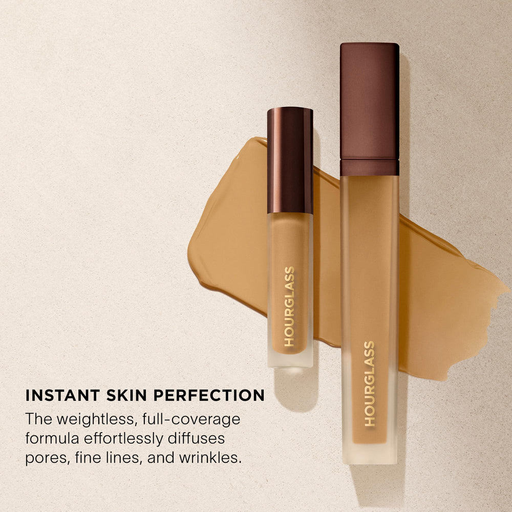 Hourglass on-skin scale showing product size and true-to-tone matching benefit