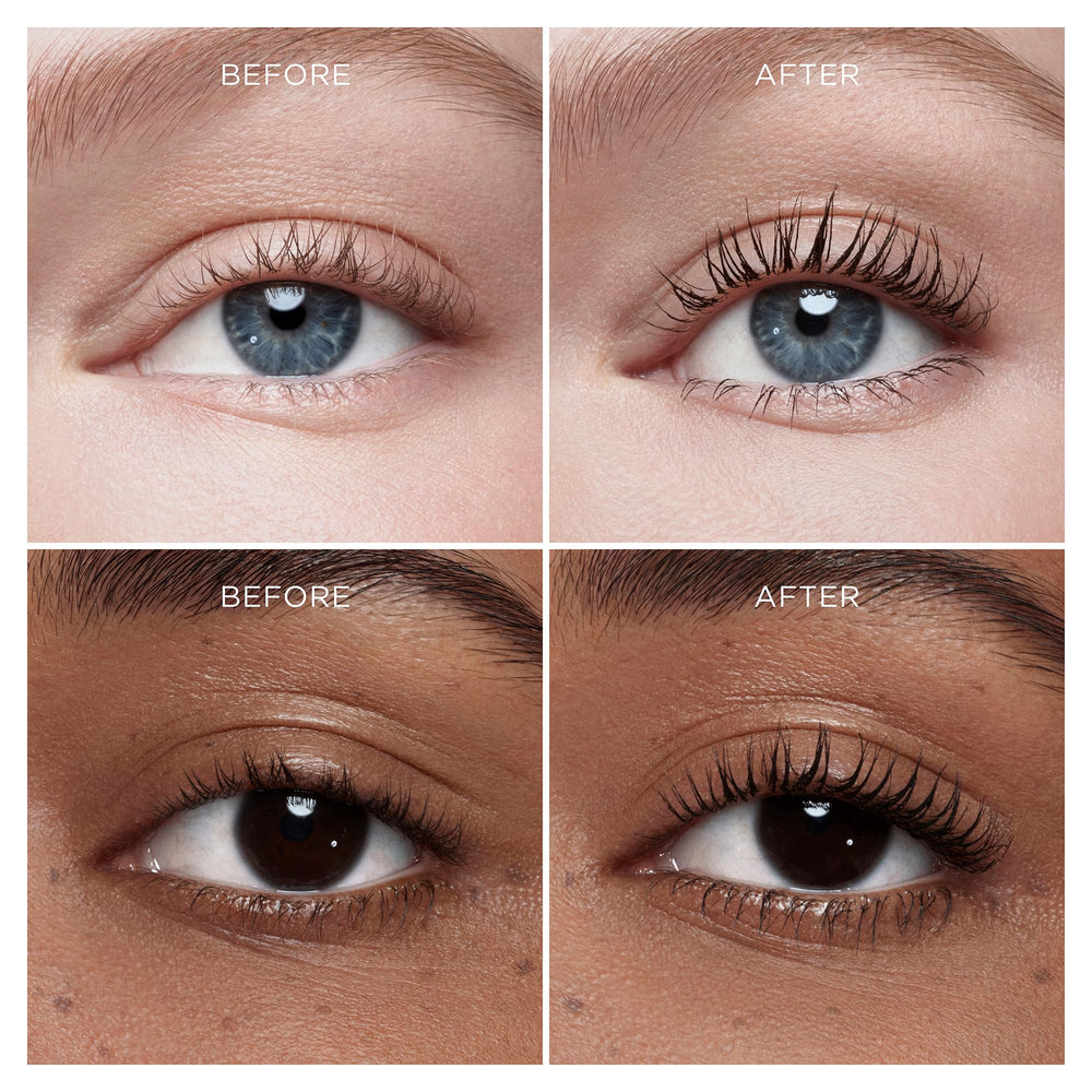 Hourglass before and after lashes demonstrating dramatic lifted length