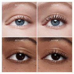 Hourglass before and after lashes demonstrating dramatic lifted length