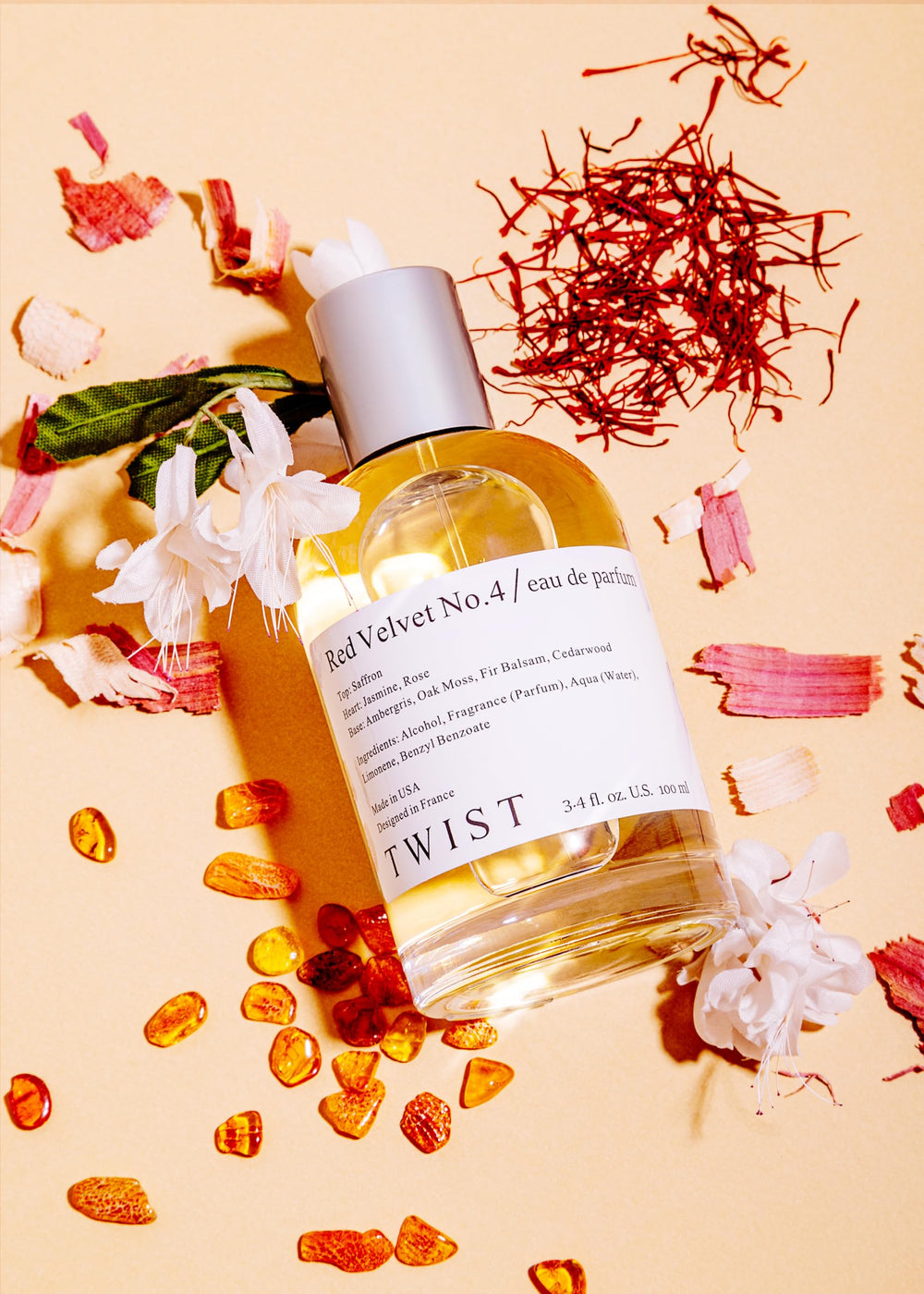 HOUSE OF TWIST bottle on vanity styled with accessories for daily ritual appeal