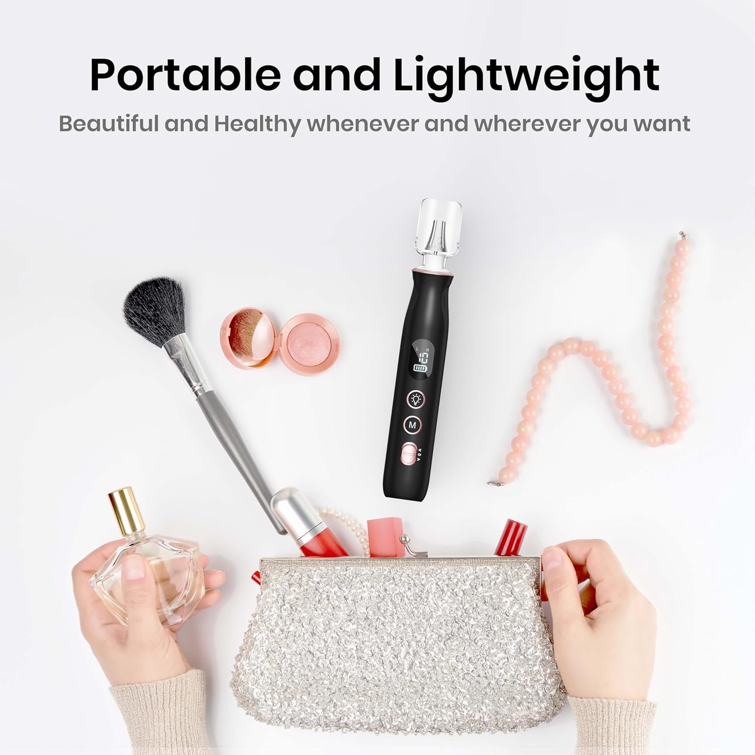 HSKAI size comparison beside a hand to show compact travel‑friendly scale