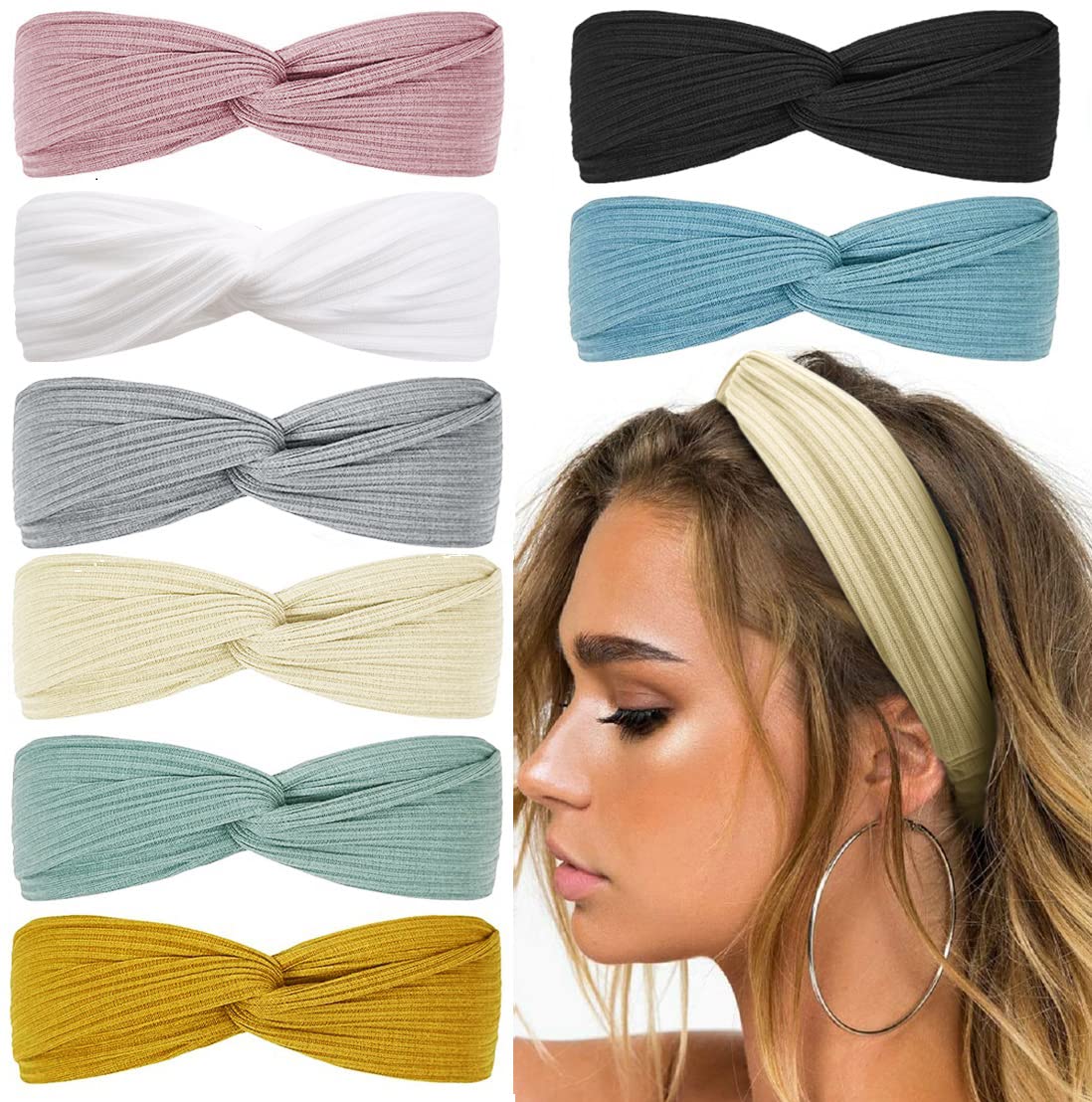 Huachi headbands front view showing eight solid colors and neat twist for versatile styling
