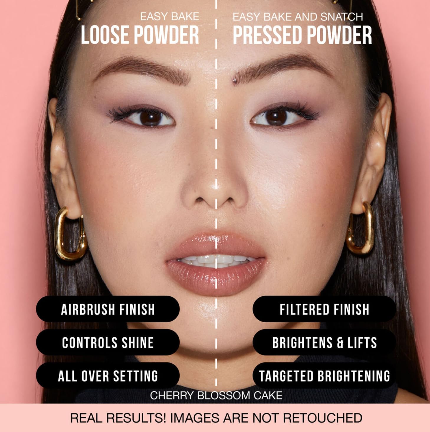 Huda applying powder with brush showing seamless blend and matte control