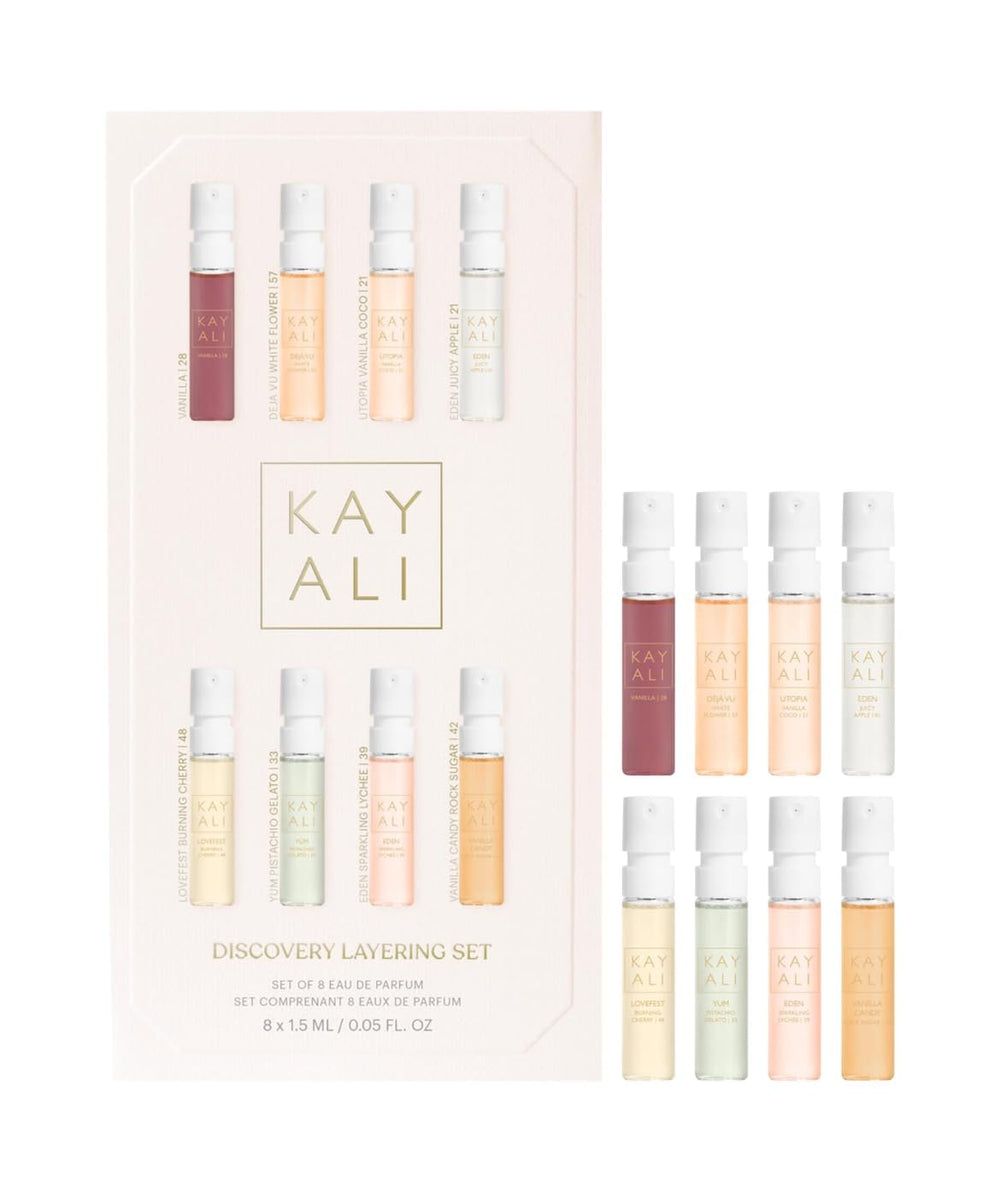 Huda KAYALI front packaging showing the gift set and included samplers, elegant gifting benefit