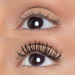 Huda Legit Lashes curl and length wand close-up curved brush lifts lashes