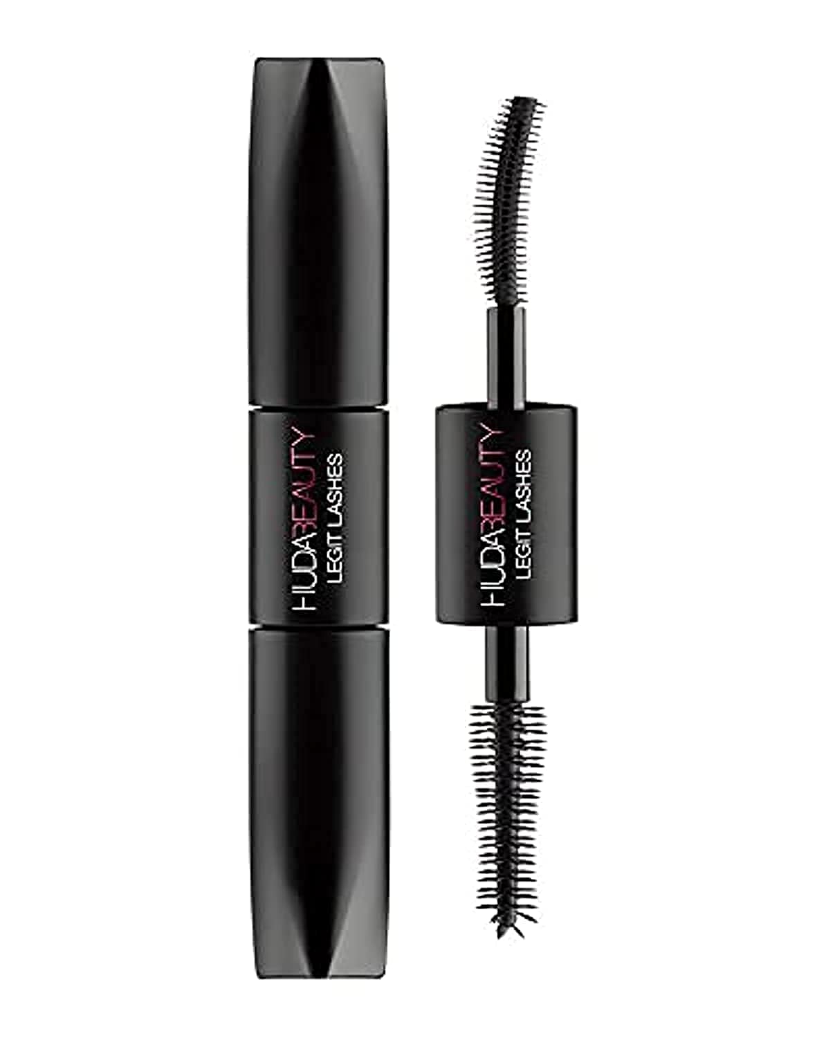 Huda Legit Lashes front packaging showing dual-ended tube and black shade benefit