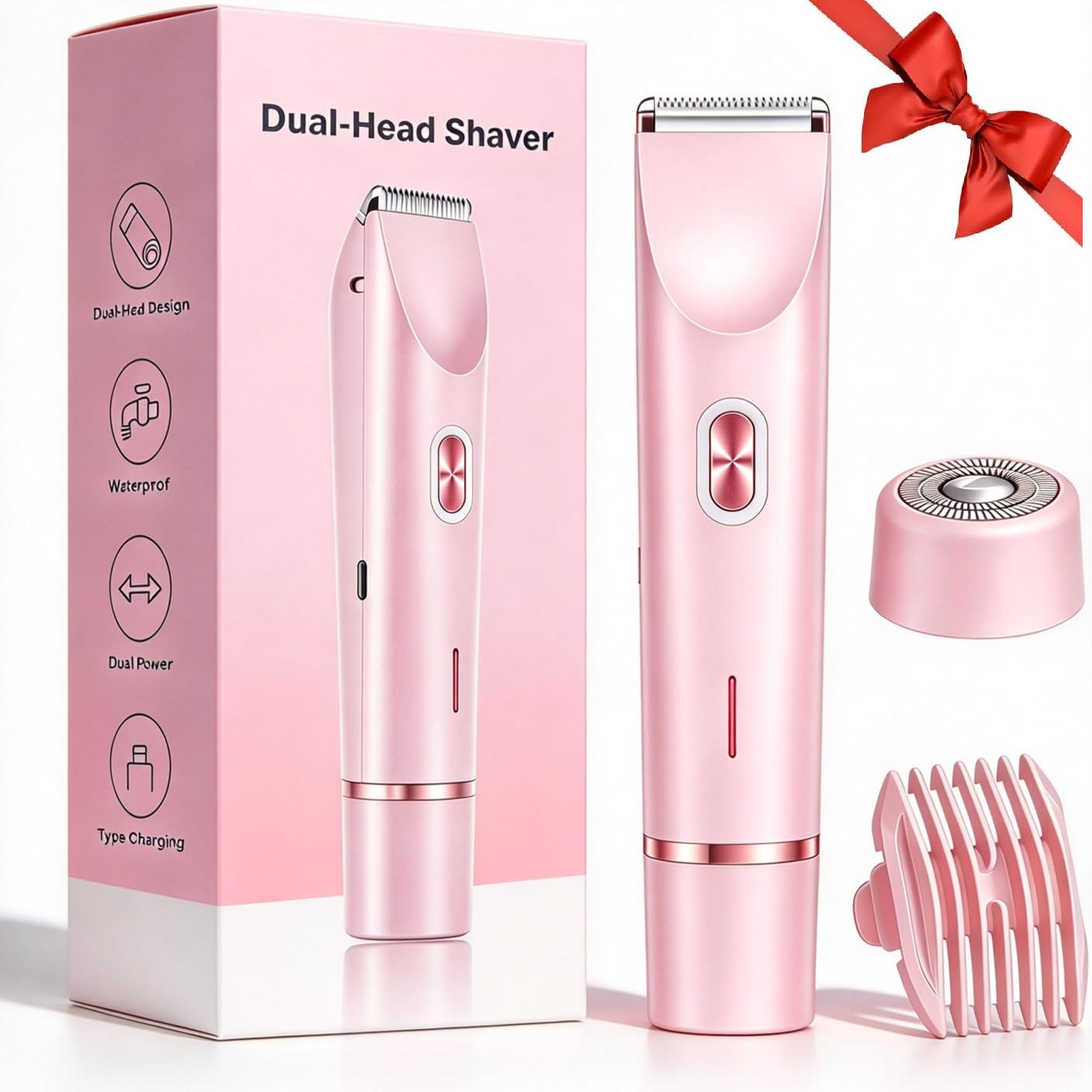Hugdew front view of pink trimmer showing controls and compact shape for portability