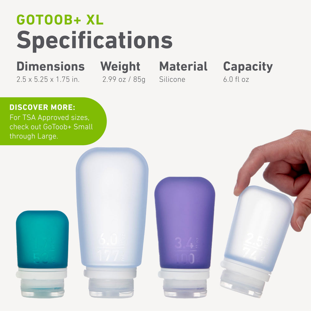 humangear GoToob+ XL in a hand for scale, demonstrates compact 6 fl oz capacity