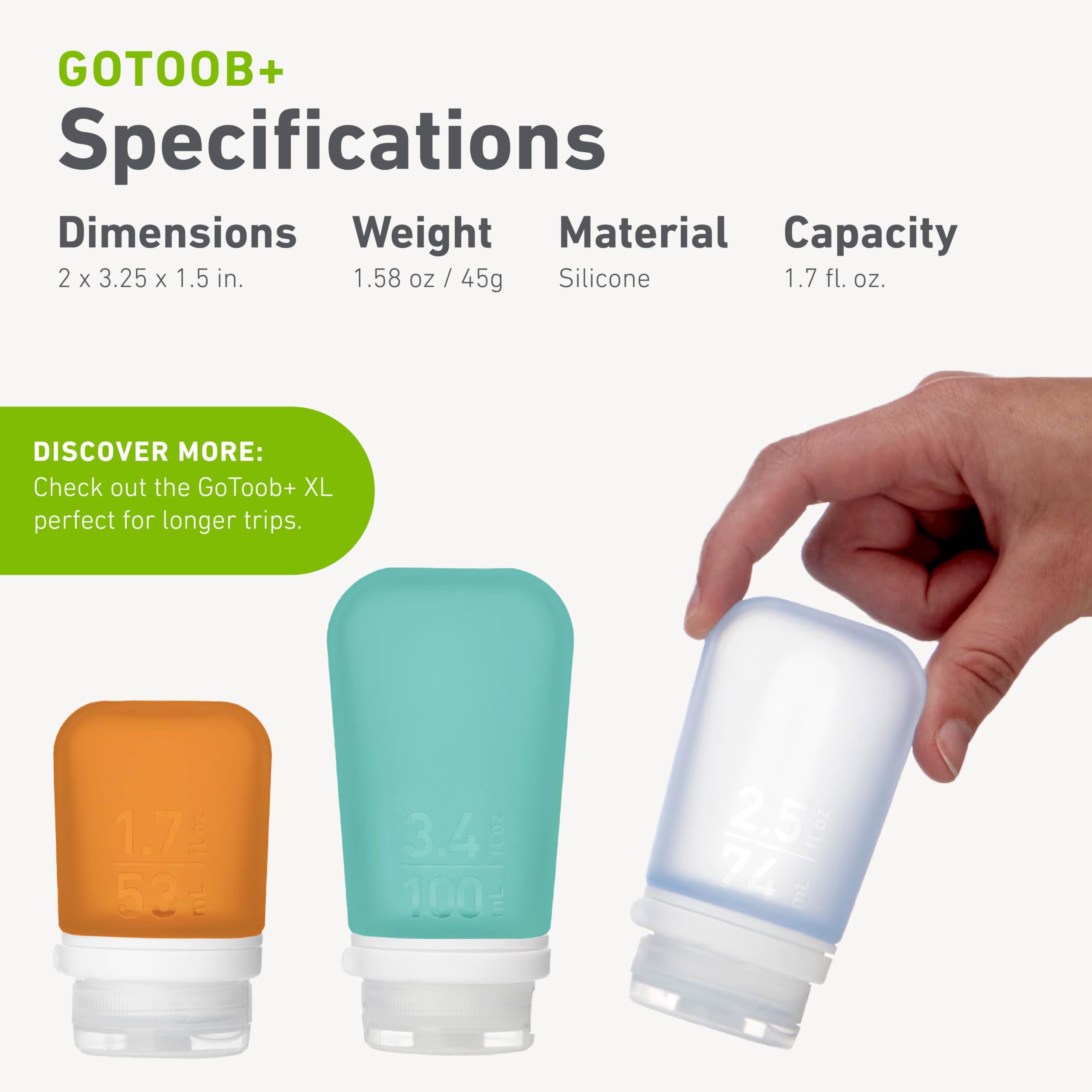 humangear GoToob+ held in hand to show 1.7 fl oz scale for travel convenience