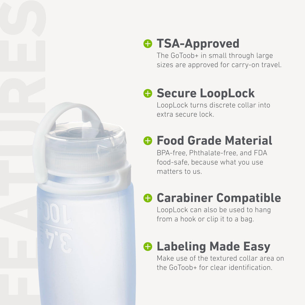humangear GoToob+ being squeezed in hand delivering precise dispensing benefit