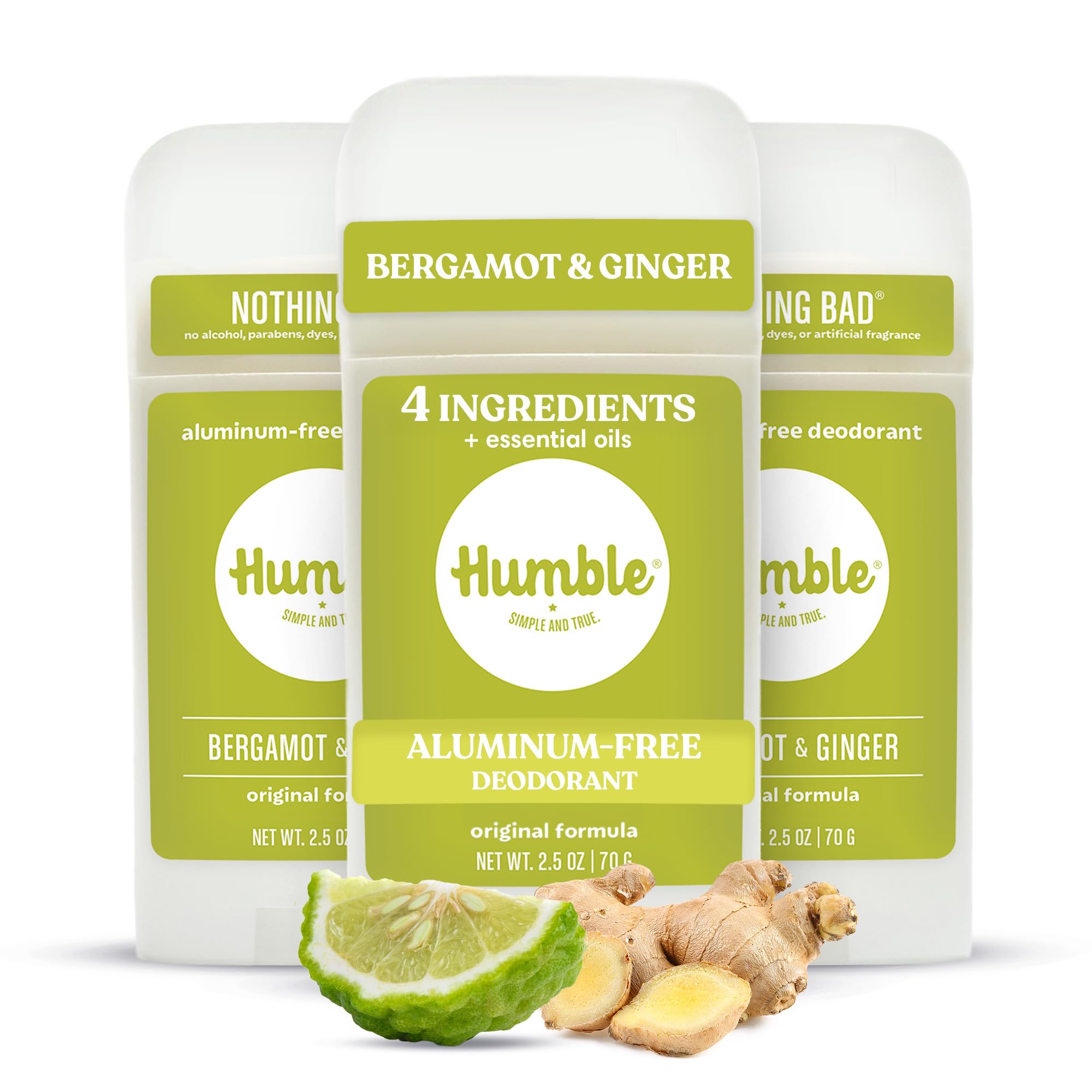 HUMBLE SIMPLE AND TRUE front packaging showing bergamot and ginger scent and benefits