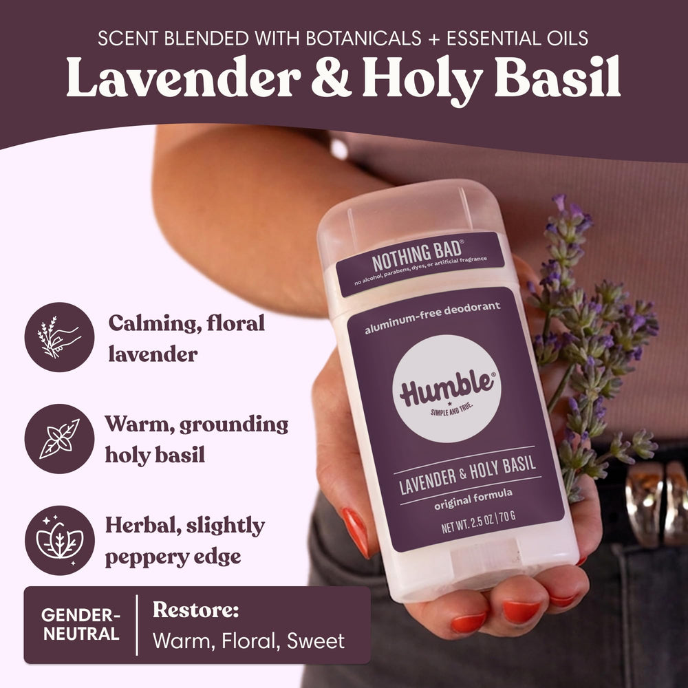 HUMBLE deodorant held in hand to show size and travel-friendly benefit