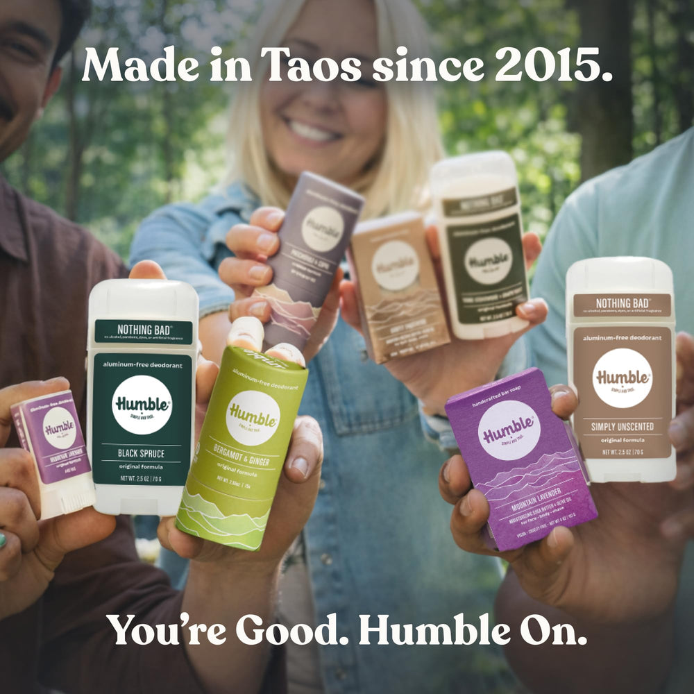 HUMBLE SIMPLE AND TRUE lifestyle shot on a bathroom counter conveying daily use and fresh natural fragrance
