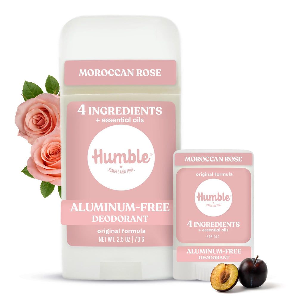 HUMBLE front packaging showing two Moroccan Rose deodorant sticks for travel convenience