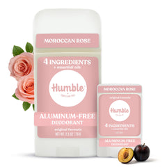 HUMBLE front packaging showing two Moroccan Rose deodorant sticks for travel convenience