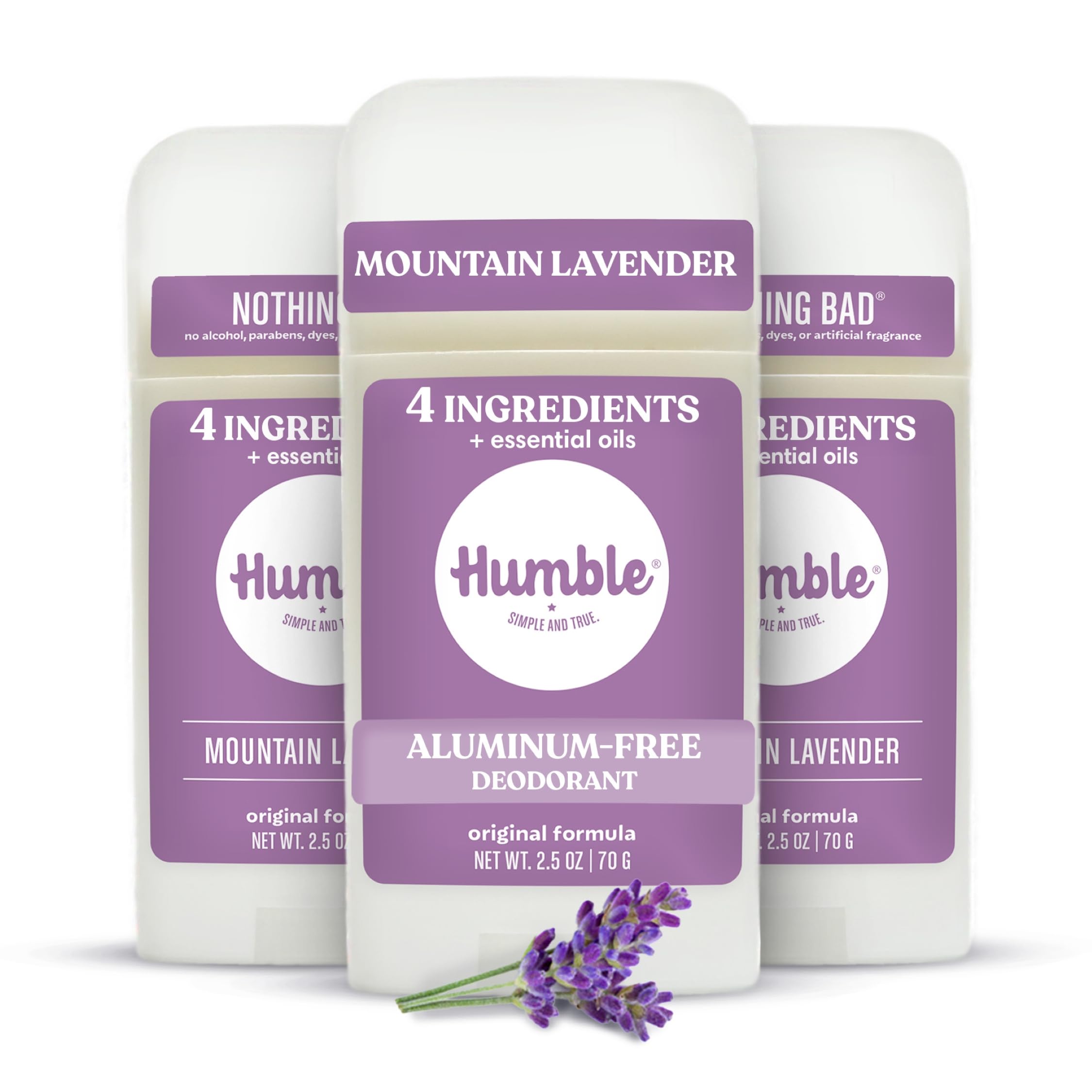 HUMBLE SIMPLE AND TRUE front packaging showing three lavender sticks and benefits