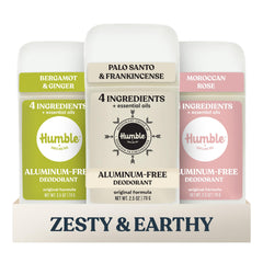 HUMBLE SIMPLE AND TRUE front view showing three-stick variety pack and eco-friendly benefits