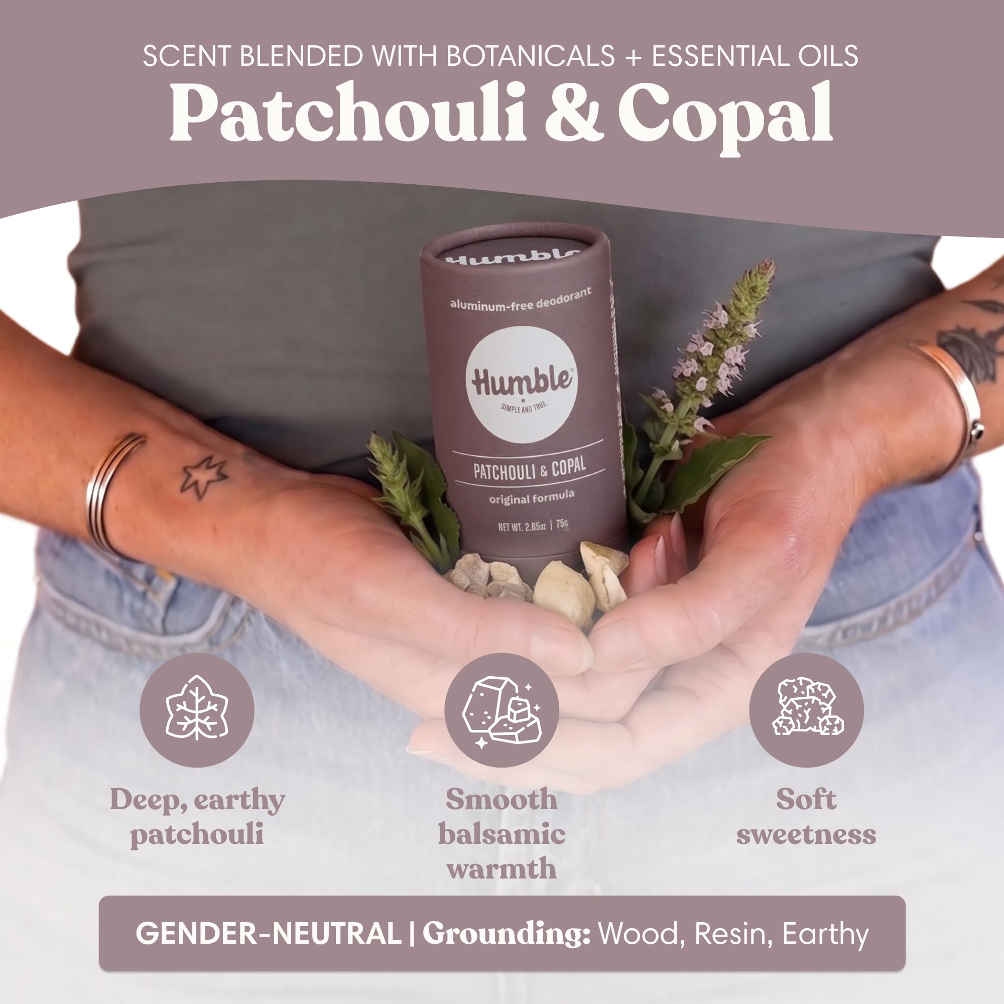 HUMBLE SIMPLE AND TRUE deodorant on underarm showing coverage and discreet finish benefit