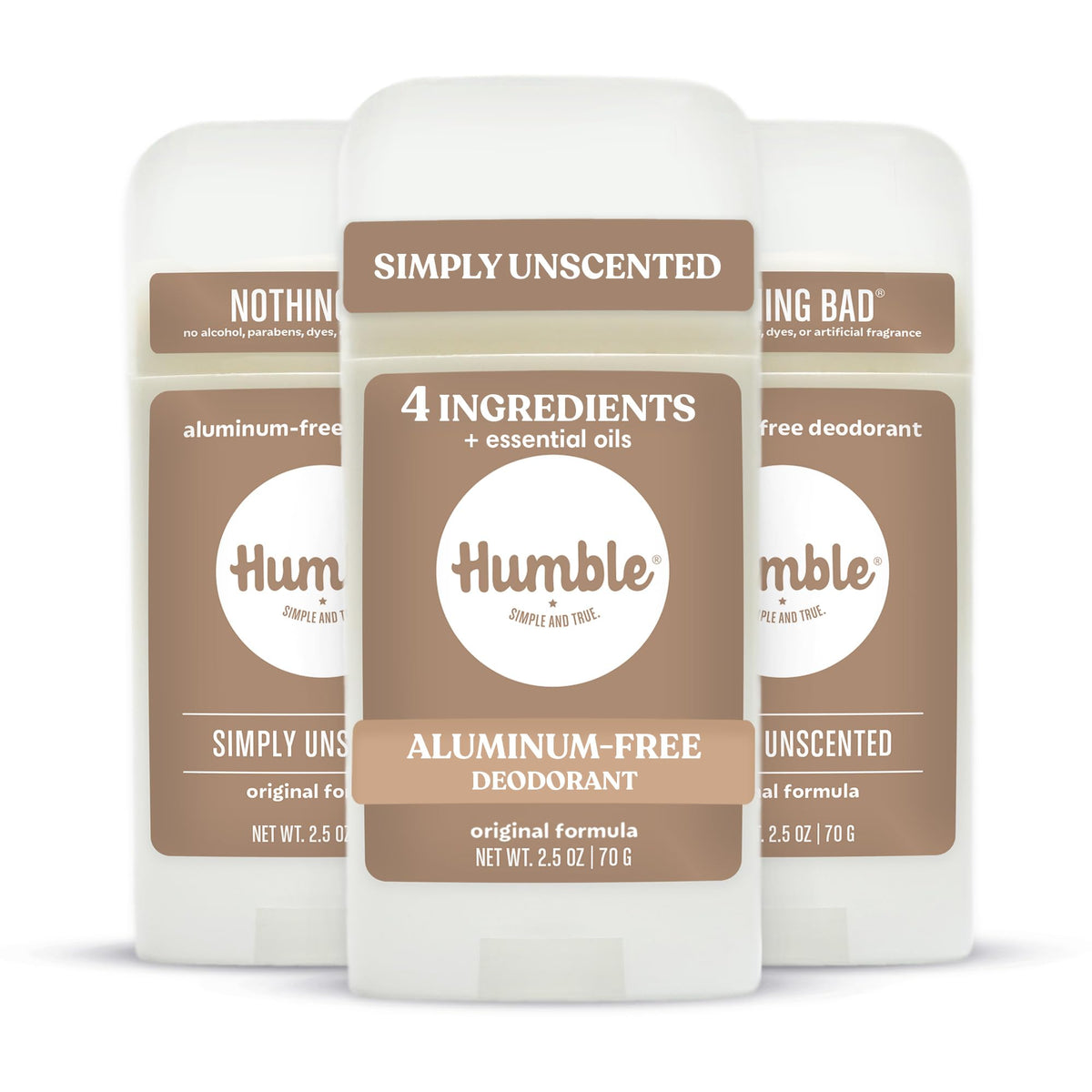 HUMBLE SIMPLE AND TRUE front packaging showing unscented three-pack benefits