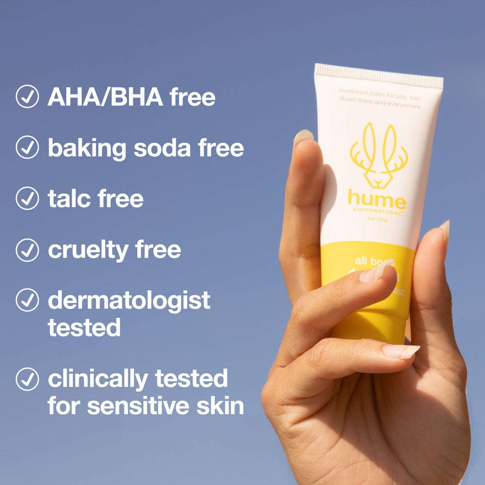 Hume Supernatural close-up of label listing plant-based, aluminum-free benefits