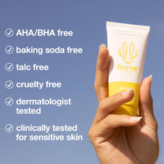 Hume Supernatural close-up of label listing plant-based, aluminum-free benefits