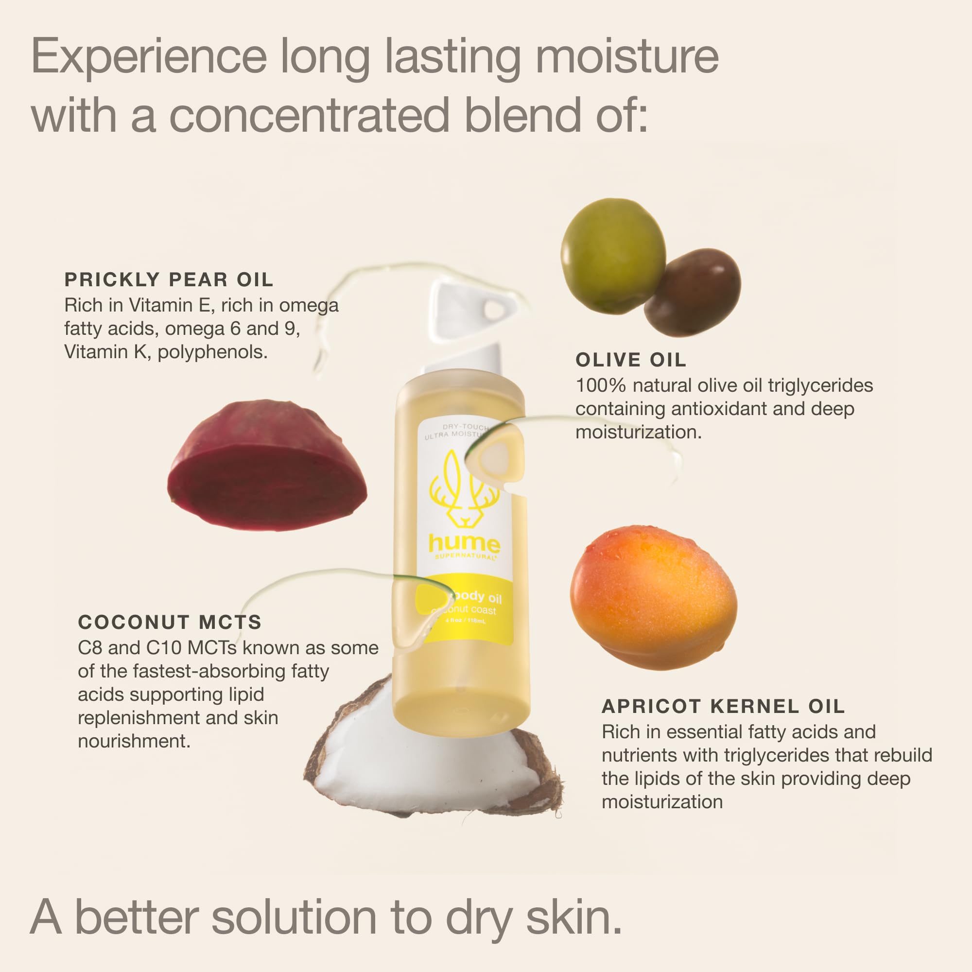 HUME SUPERNATURAL label and ingredients emphasizing clean, plant-based oils