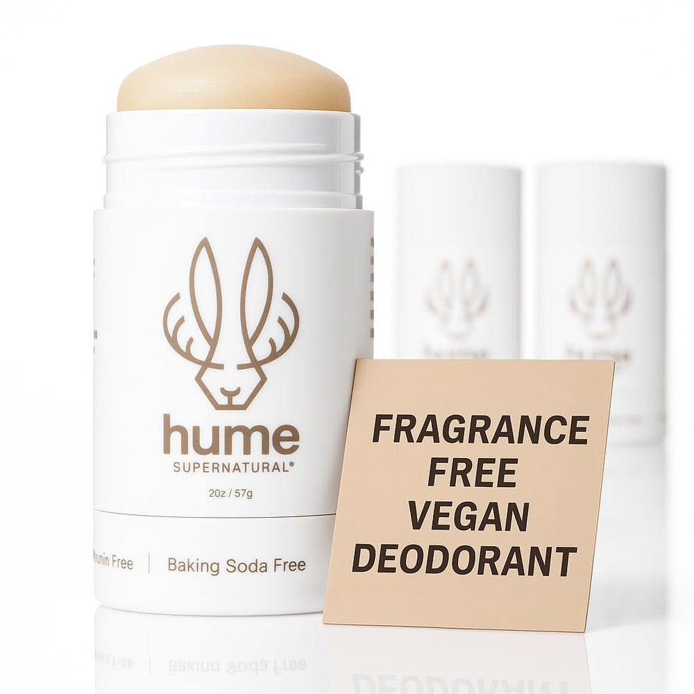 HUME SUPERNATURAL front packaging showing clean unscented deodorant benefit