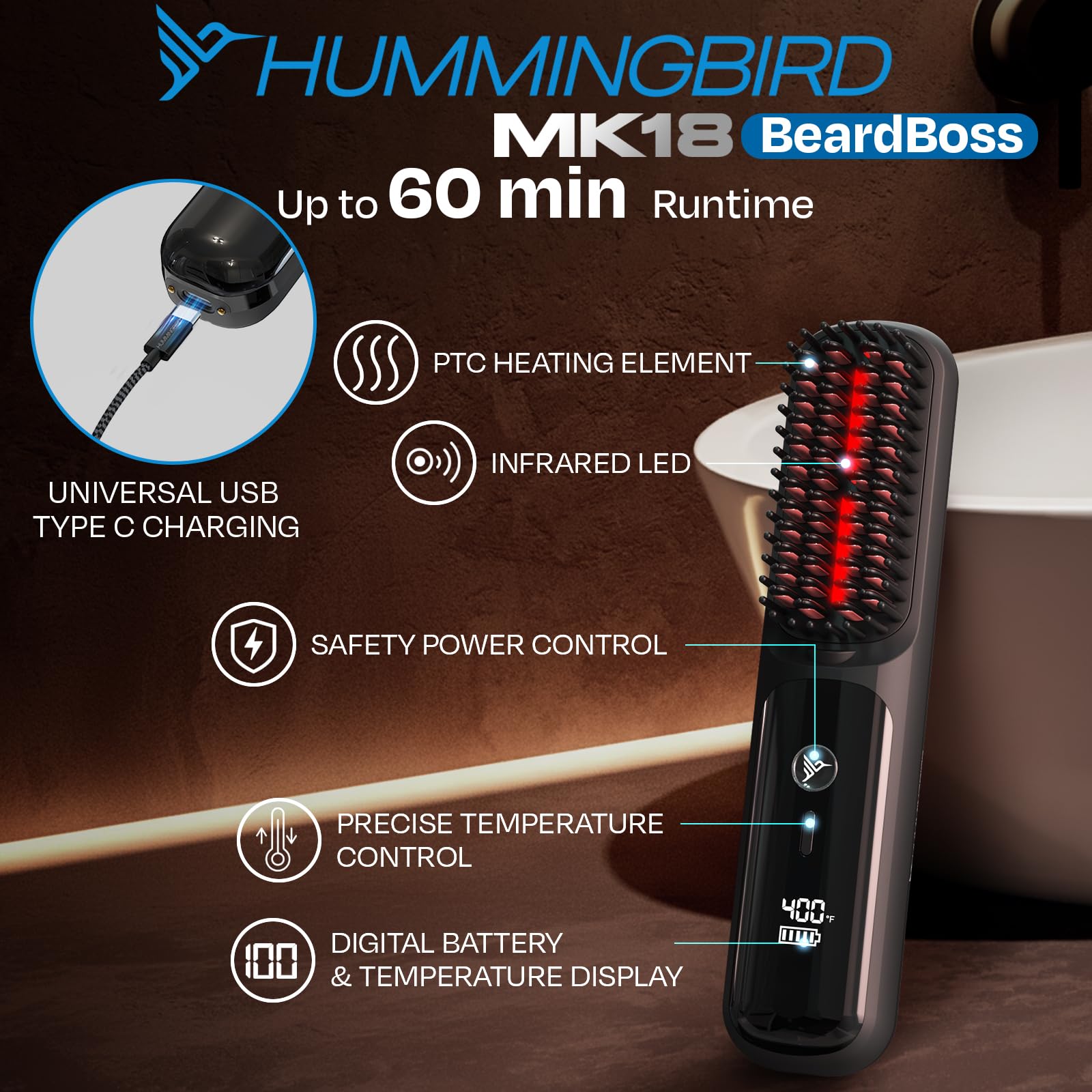 HUMMINGBIRD size comparison next to common items showing compact portability benefit