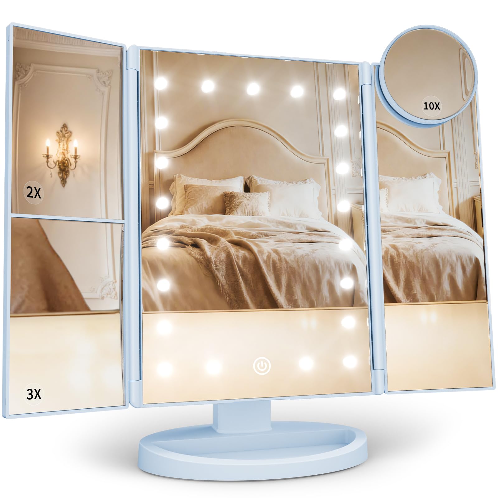 HUONUL front trifold mirror showing full-face view and bright lighting benefit