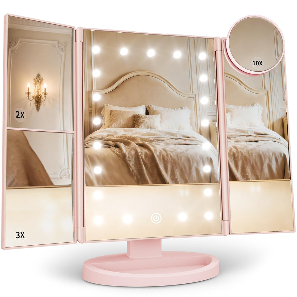 HUONUL front trifold mirror showing full illuminated face with even lighting benefit