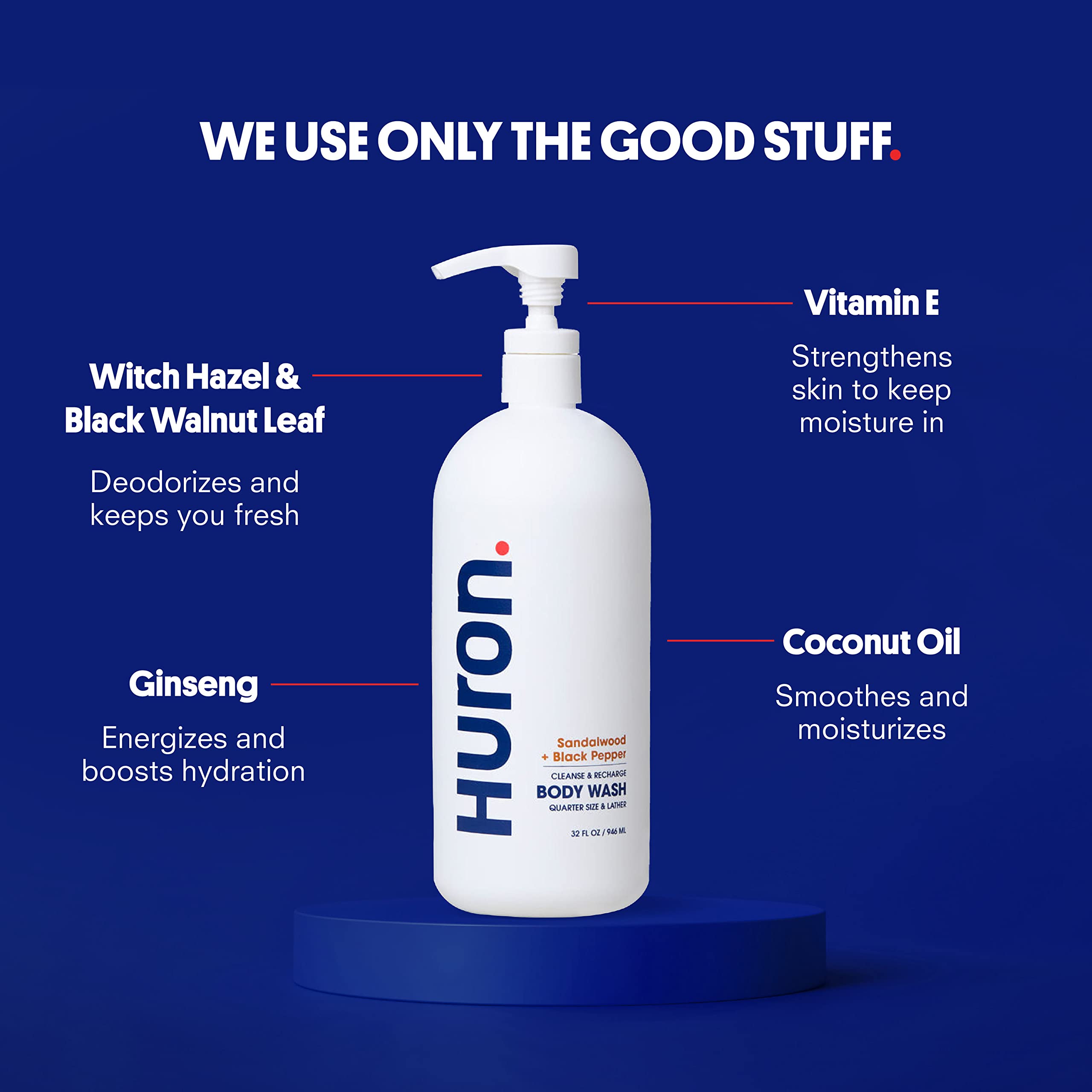 Huron 30.3 oz bottle beside a ruler showing generous size for fewer refills