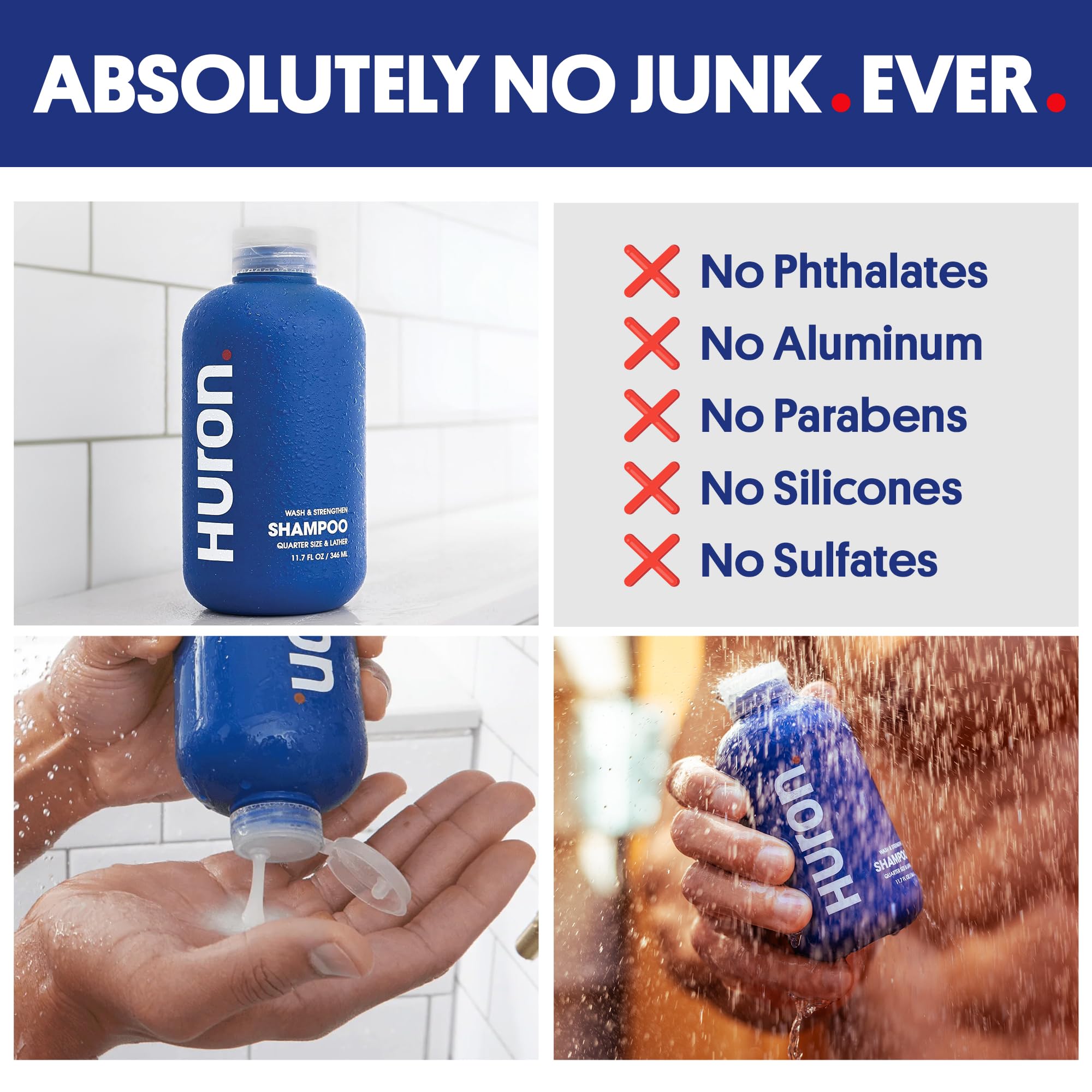 Huron shampoo being applied in shower for a refreshing cleanse