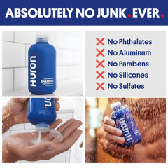 Huron shampoo being applied in shower for a refreshing cleanse