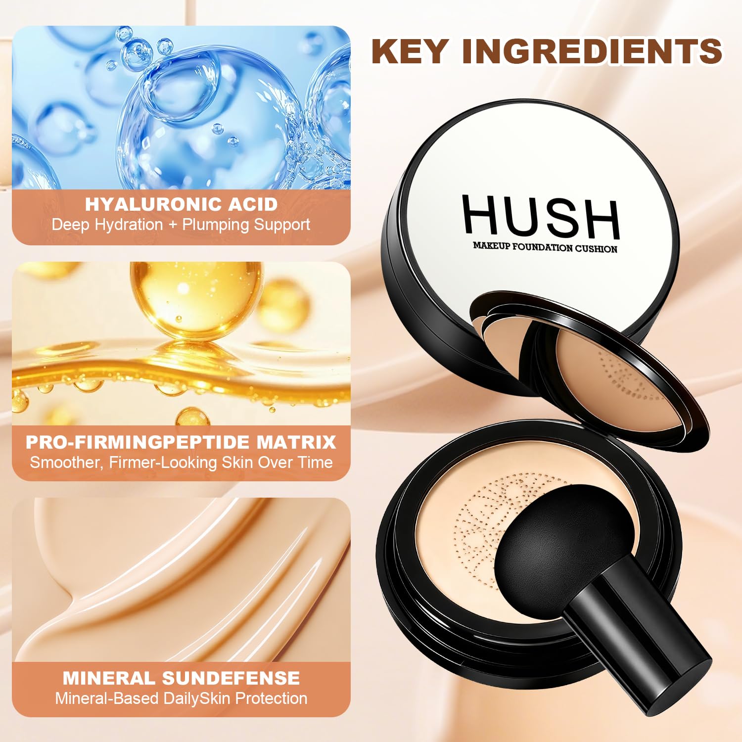 Hush Makeup Foundation compact open top view showing cushion pad and clean design