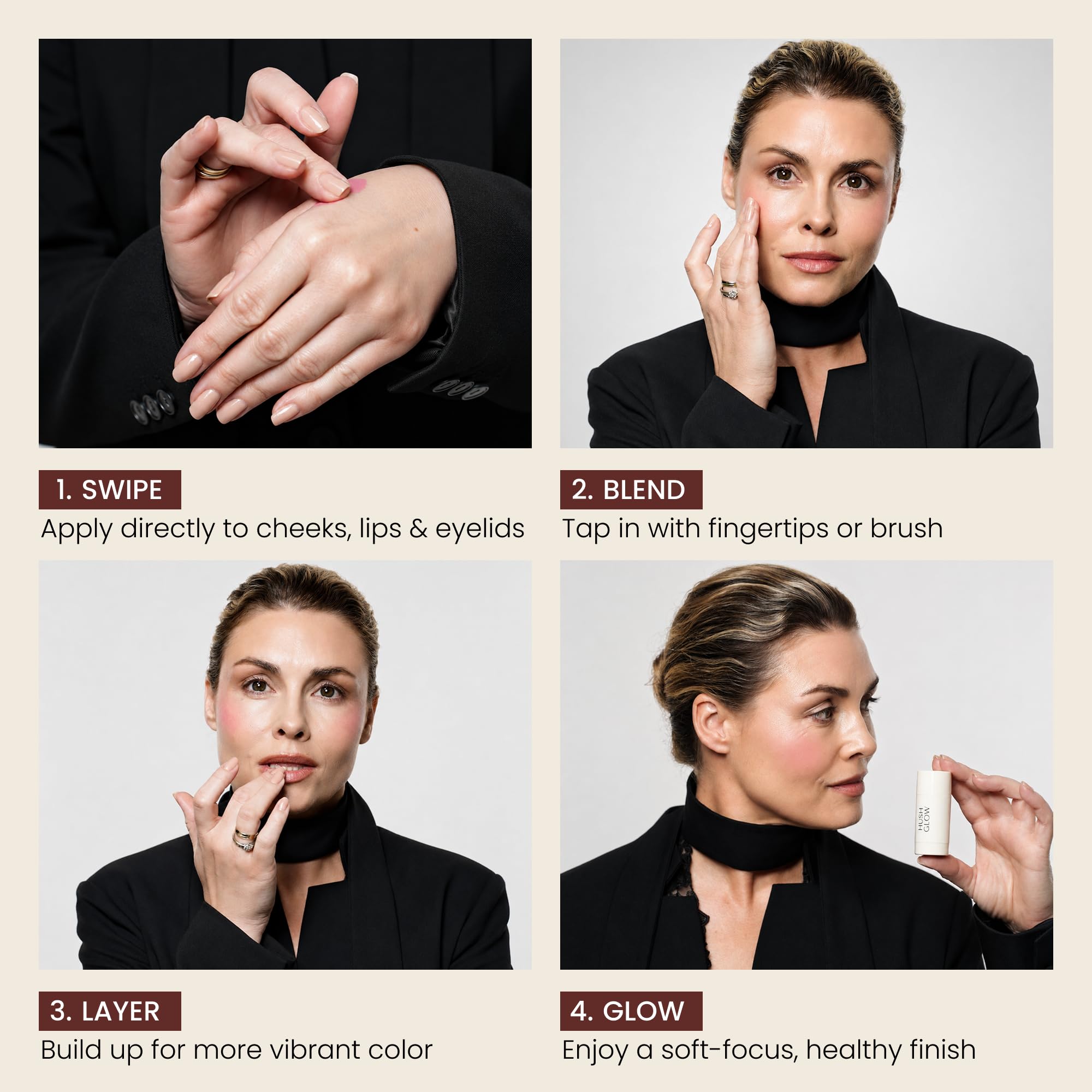 Hush Glow label and ingredients panel highlighting nourishing formula