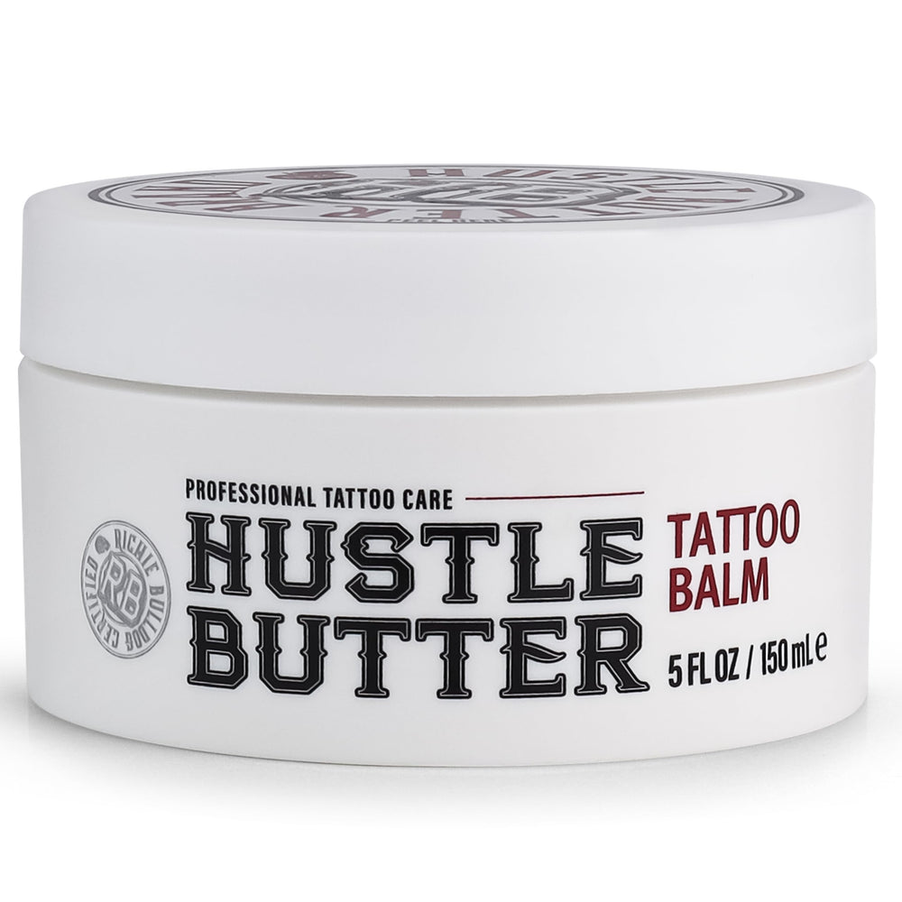 Hustle Butter Deluxe before and after healed tattoo showing color revival