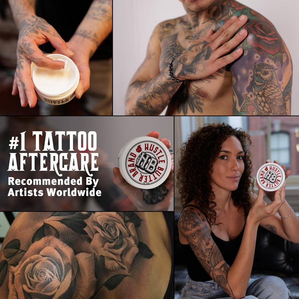 Hustle Butter Deluxe jar beside tattoo machine demonstrating studio use