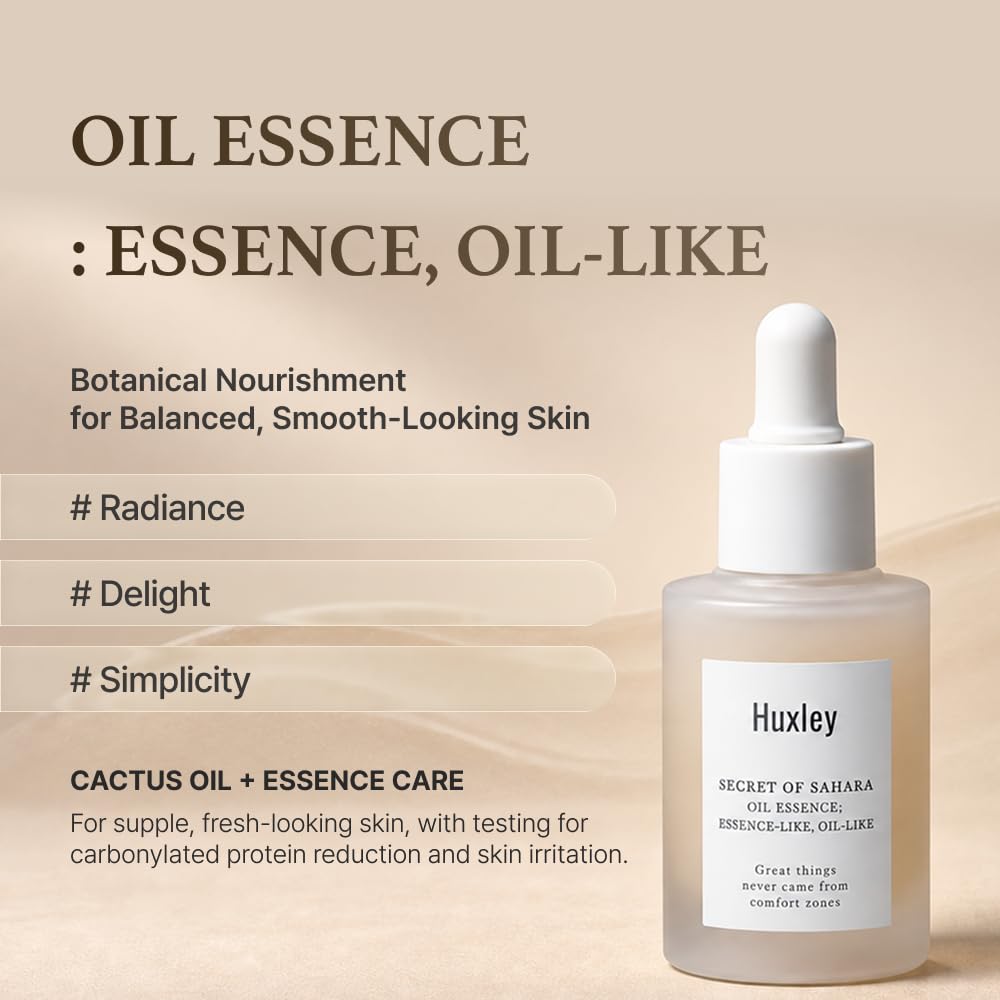 Huxley oil essence droplet texture on skin highlighting lightweight, fast absorption