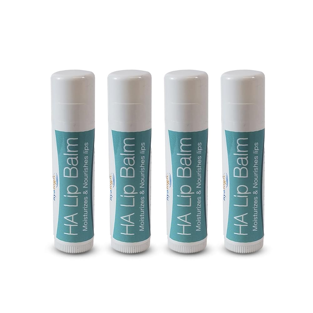 Hyalogic front packaging showing four fragrance-free lip balm sticks for reliable hydration