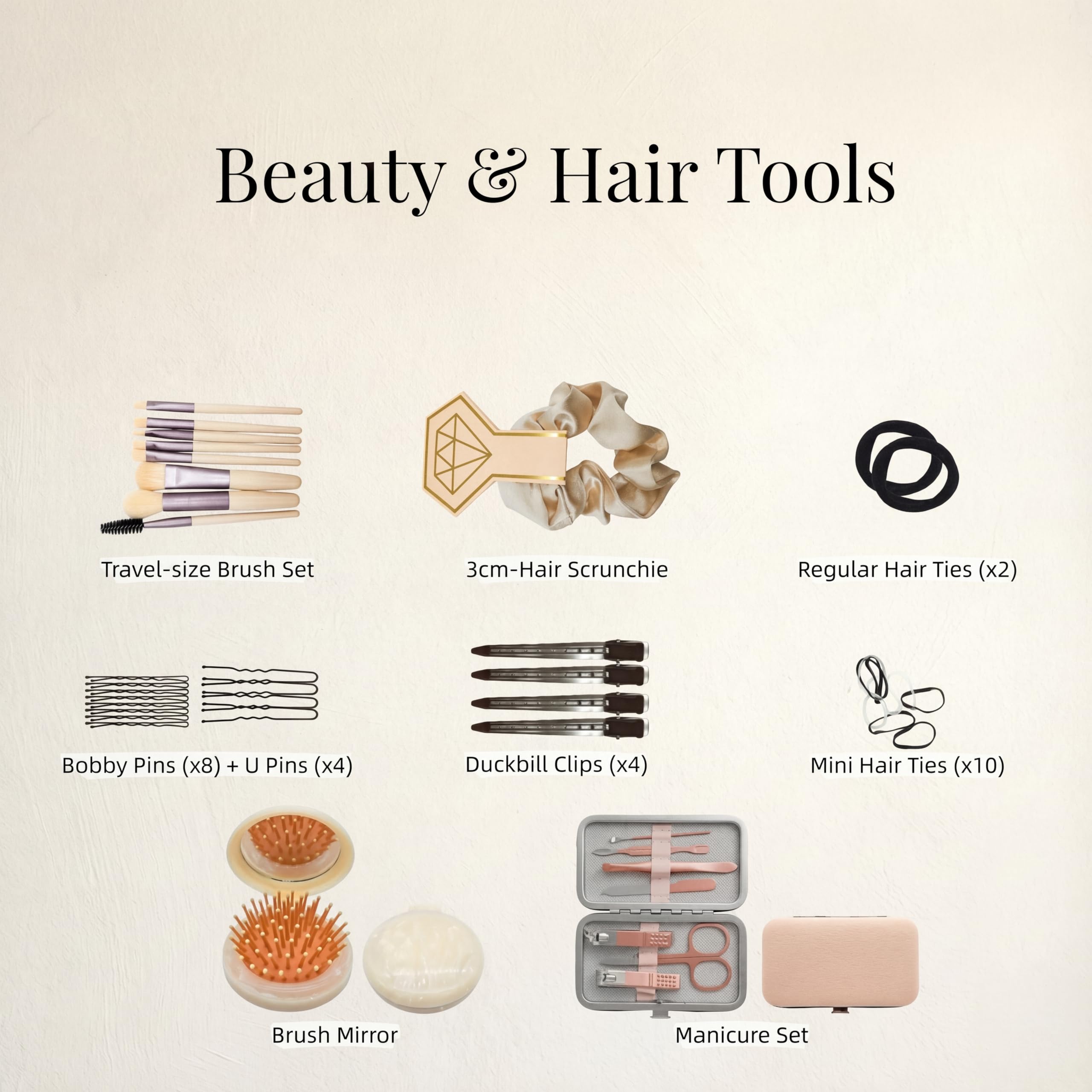 HygaLivia hair accessories including clips, scrunchie, and pins to secure hairstyles