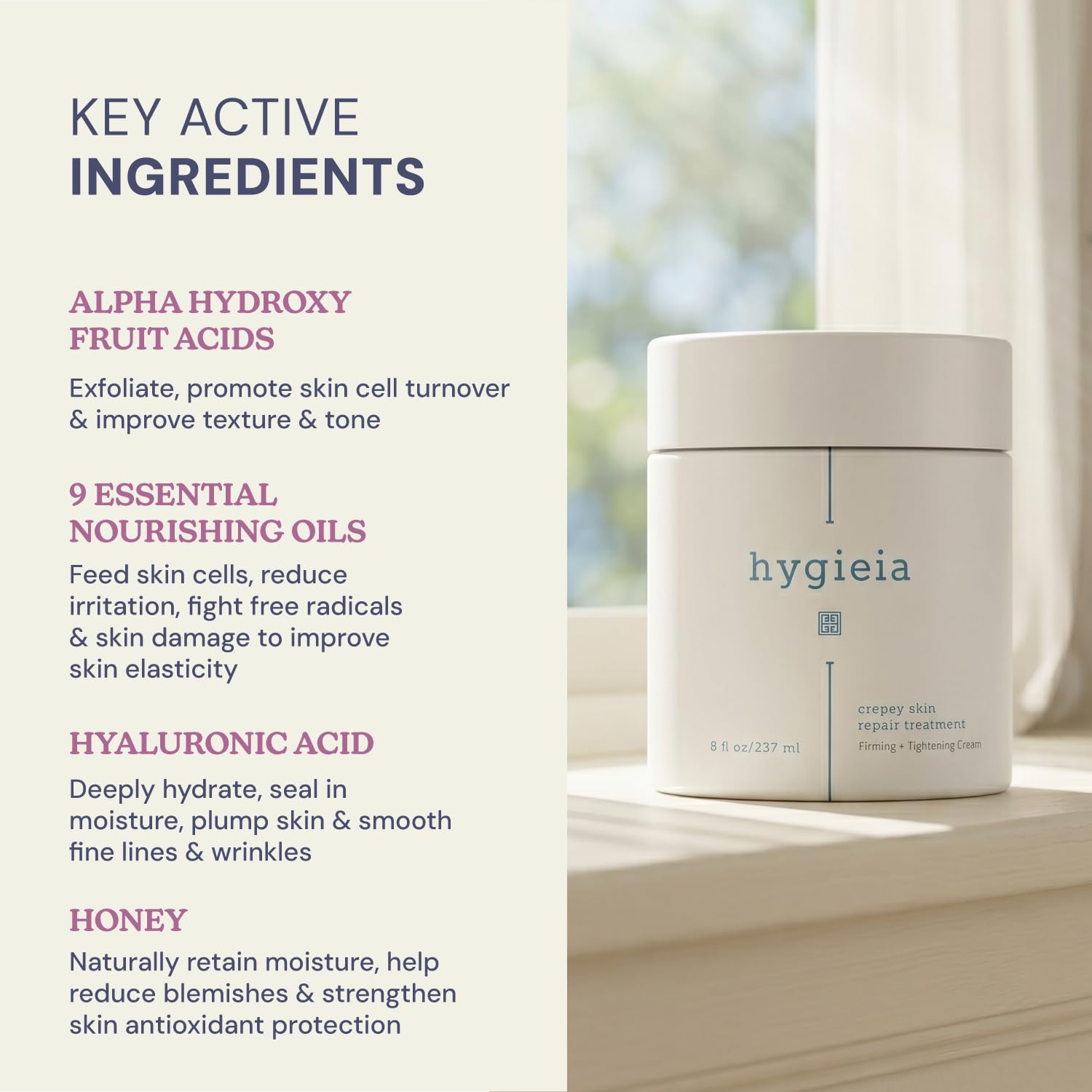 Hygieia+ jar held in hand illustrating 8 oz scale for long-term use