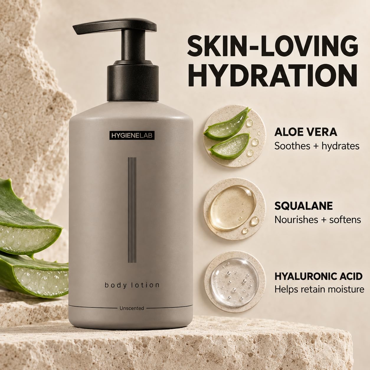 HygieneLab lotion texture close-up highlighting lightweight absorption benefit