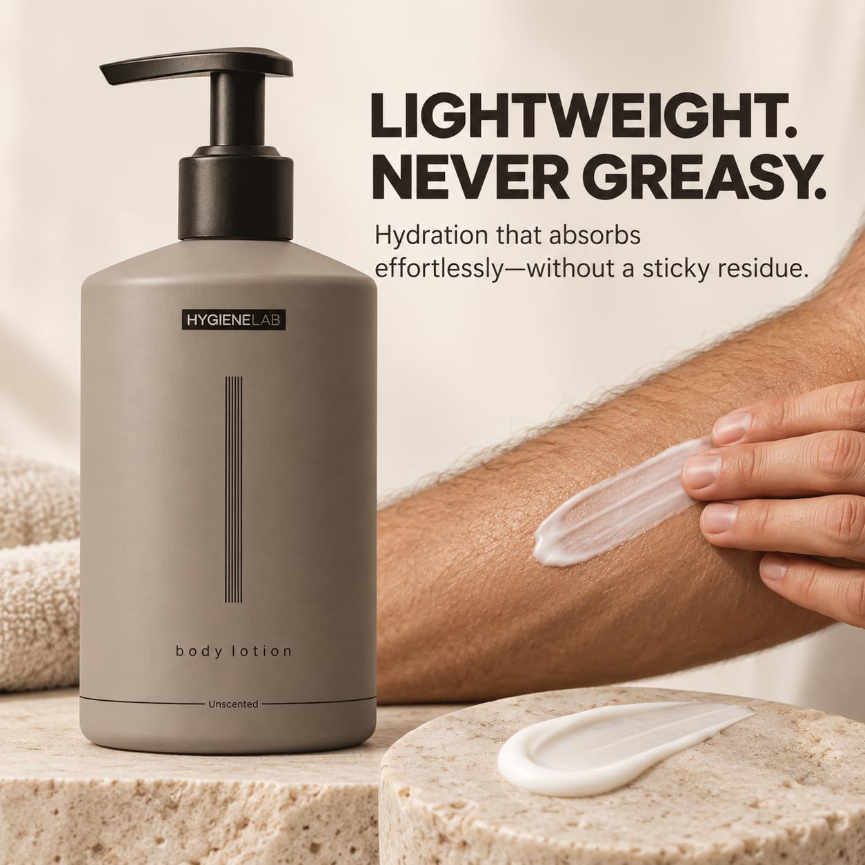 Hand applying HygieneLab lotion emphasizing fast absorbency and smooth feel