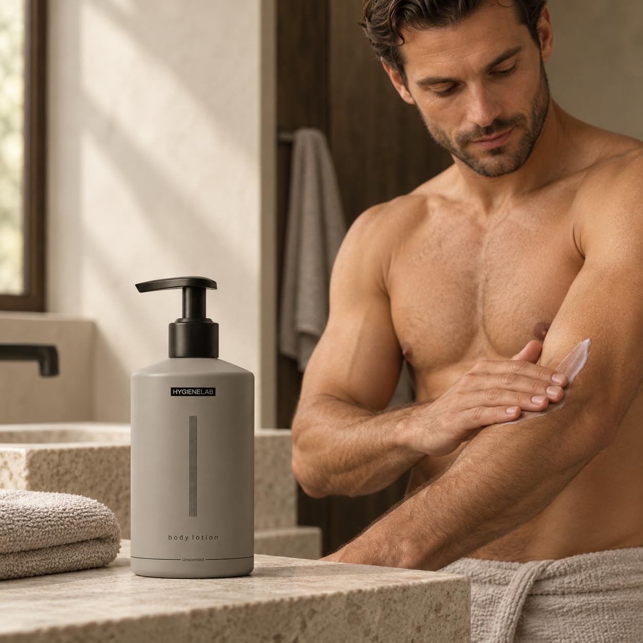Man using HygieneLab lotion after shower showing comforting hydration benefit