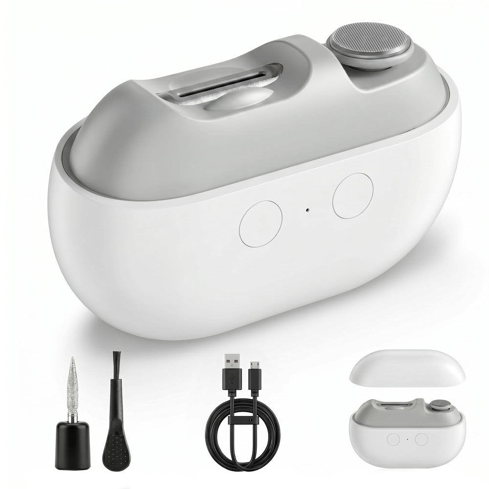 Hypoet front view of electric nail clipper showing compact design and safety